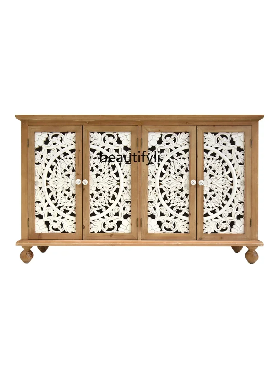 

X Retro dining side solid wood storage porch cabinet living room foyer log art carving hollow shoe cabinet