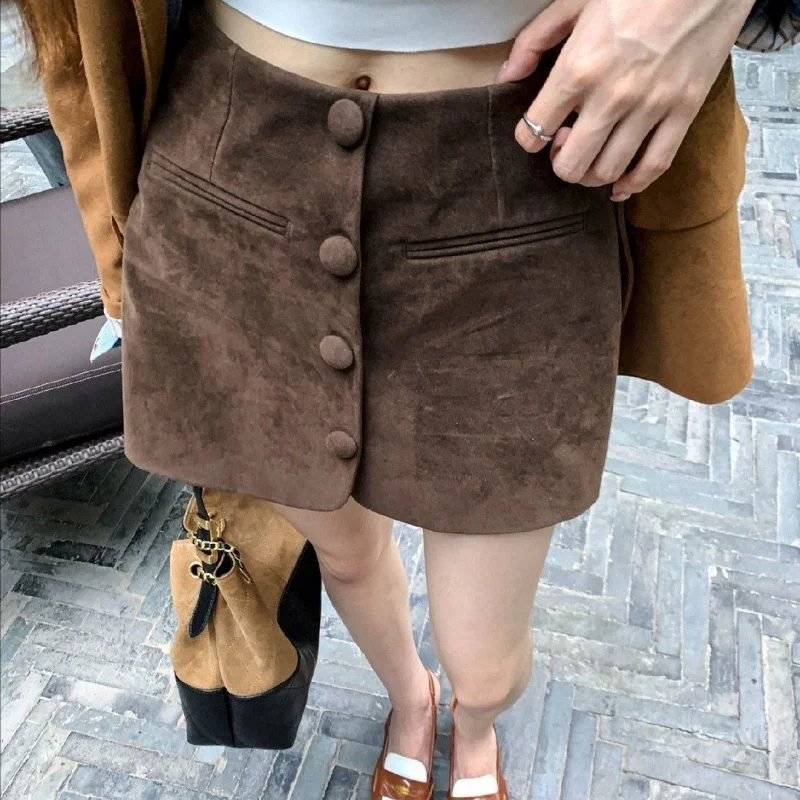 New Fashion Suede Mini Skirt Women Autumn Fashion Single Breasted High Waist Slim Retro Office Lady Skirt Solid Color Jupe