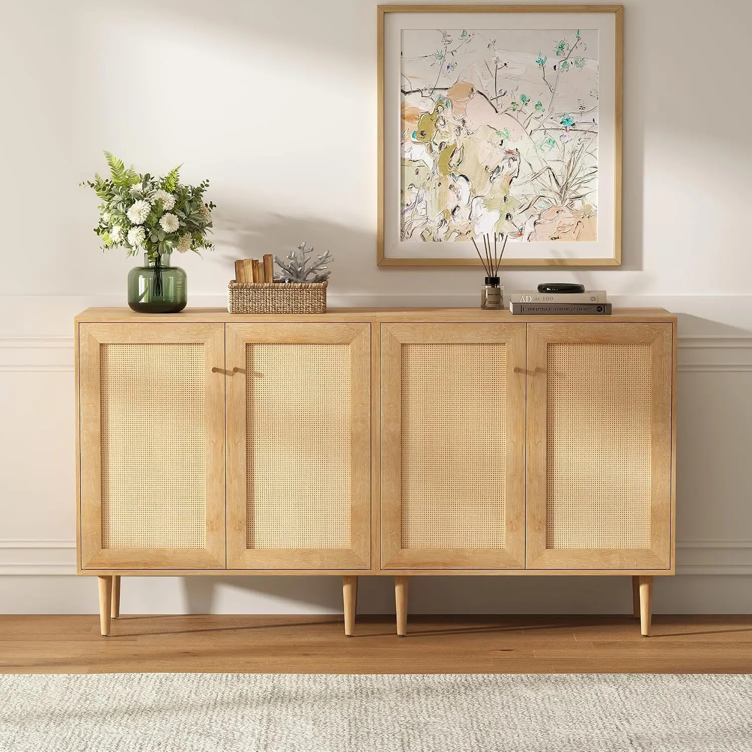 Rattan Storage Cabinet Set Of 2 Sideboard Buffet With Adjustable Shelves For Kitchen Dining Room, Square Door, Oak, Customized