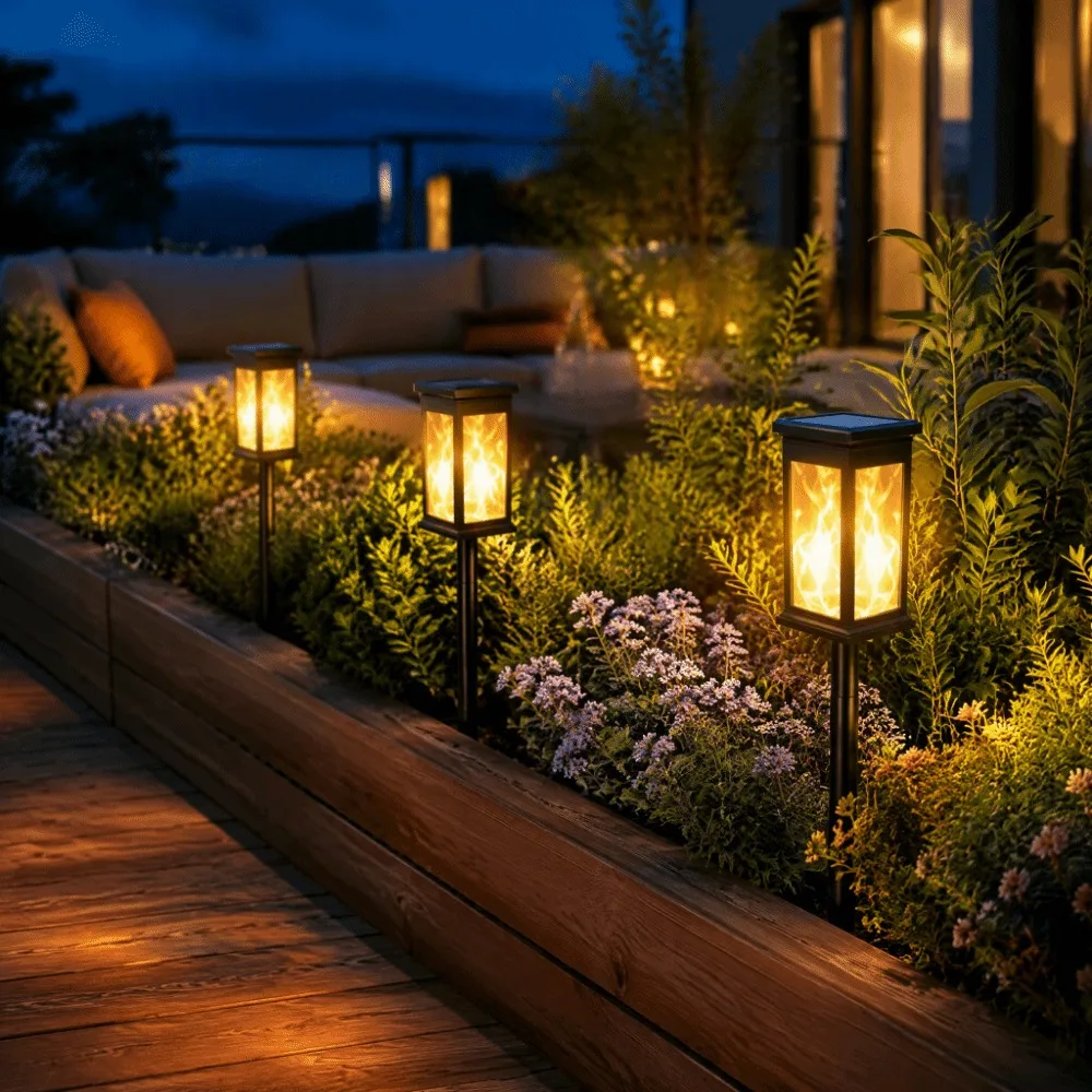 Waterproof Solar Pathway Lights Flickering Flame IP65 Waterproof Garden Path Light Adjustable Height 3 Different Heights