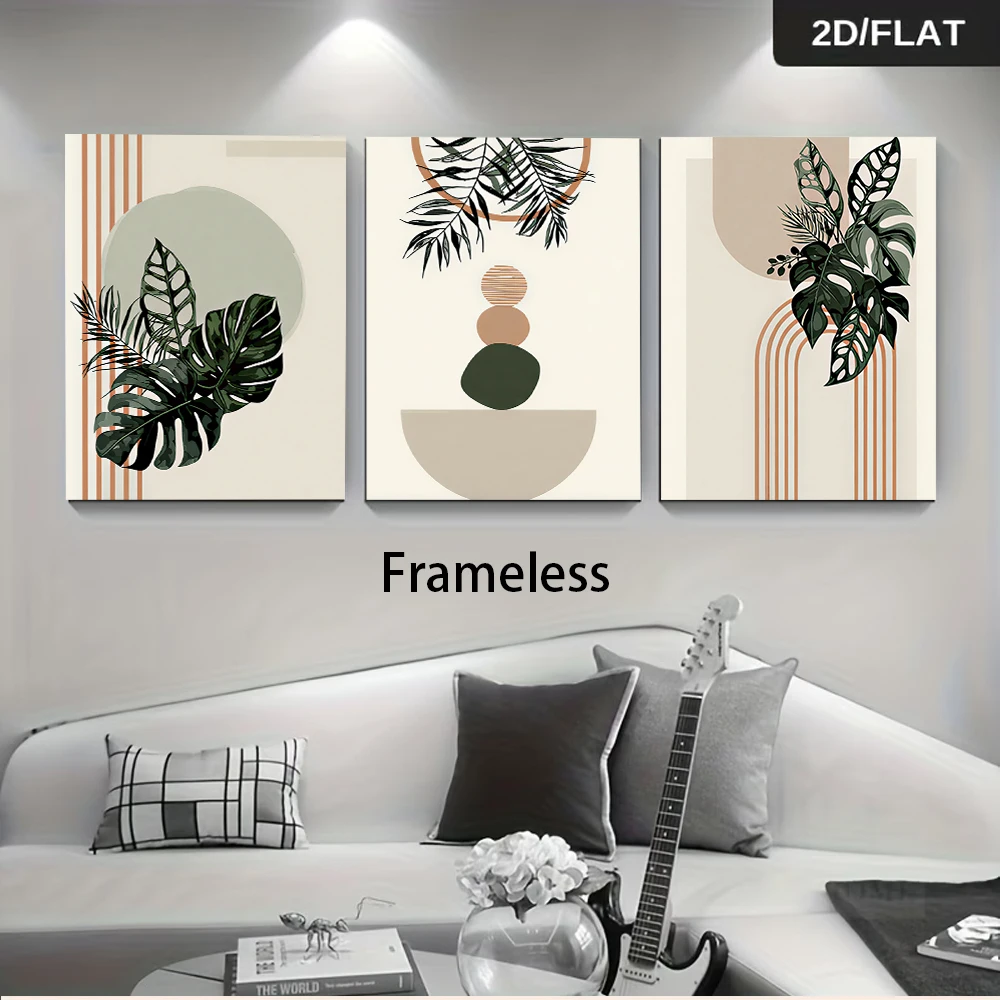 1 set of modern minimalist living room decoration paintings with three layers of frameless green plants, sofa background wall, d