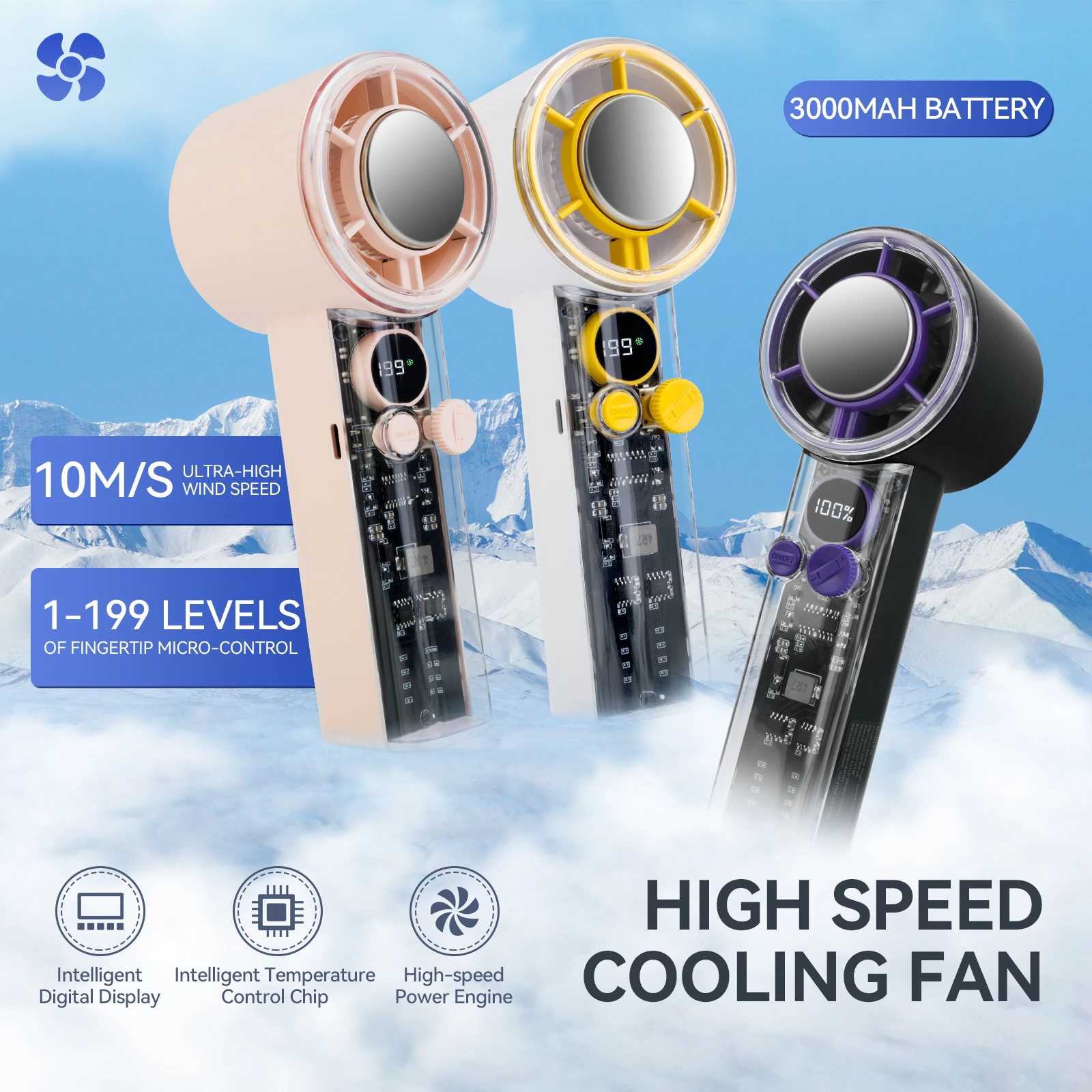 

2026 New Portable Handheld Fan Digital Display USB Rechargeable 12000RPM High Speed Turbo Cooling Fan For Home Outdoor Travel