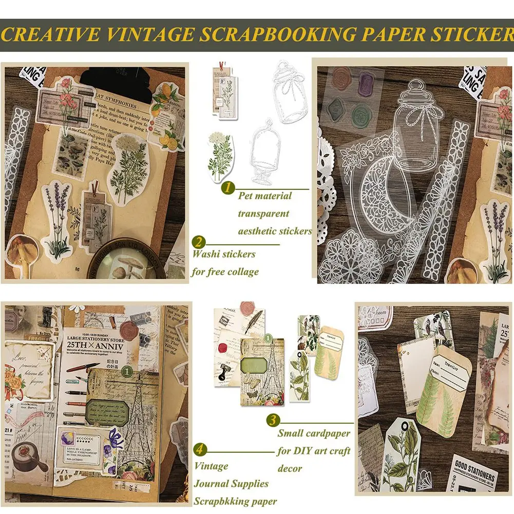 Vintage adesivos de Scrapbook estéticos para journaling, embrulho, decoração cottage, colagem artesanato B, 260 pcs