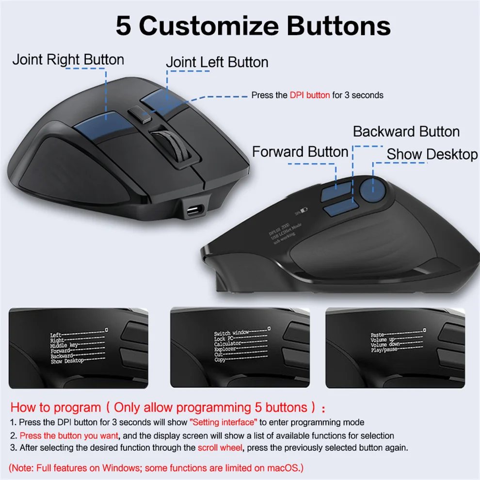 Jomaa Rechargeble Wireless Mouse with LED Screen Bluetooth USB Mouse with Smart Flying Scroll 5 Buttons Programmer Gaming Mouse