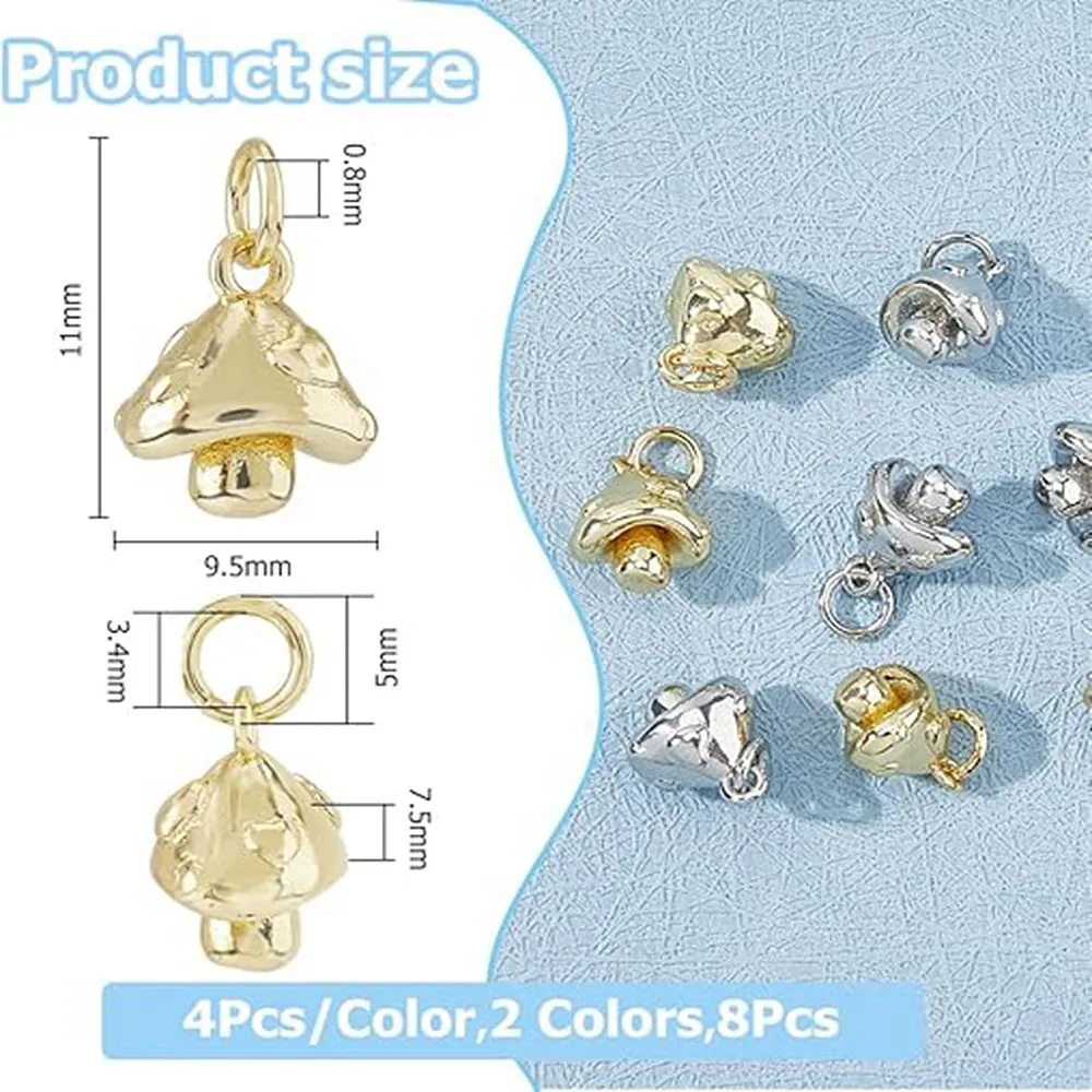 8Pcs Brass Mushroom Charms Plants Forest Charm 11x9.5mm Tiny Mushroom Charms Lovely Food Vegetable Pendant with Jump Ring