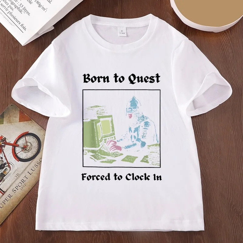 Born To Quest Forced To Clock in T Shirt Funny Office Work Humor Tee Medieval Knight Fantasy Graphic T Shirts Men Women Clothes