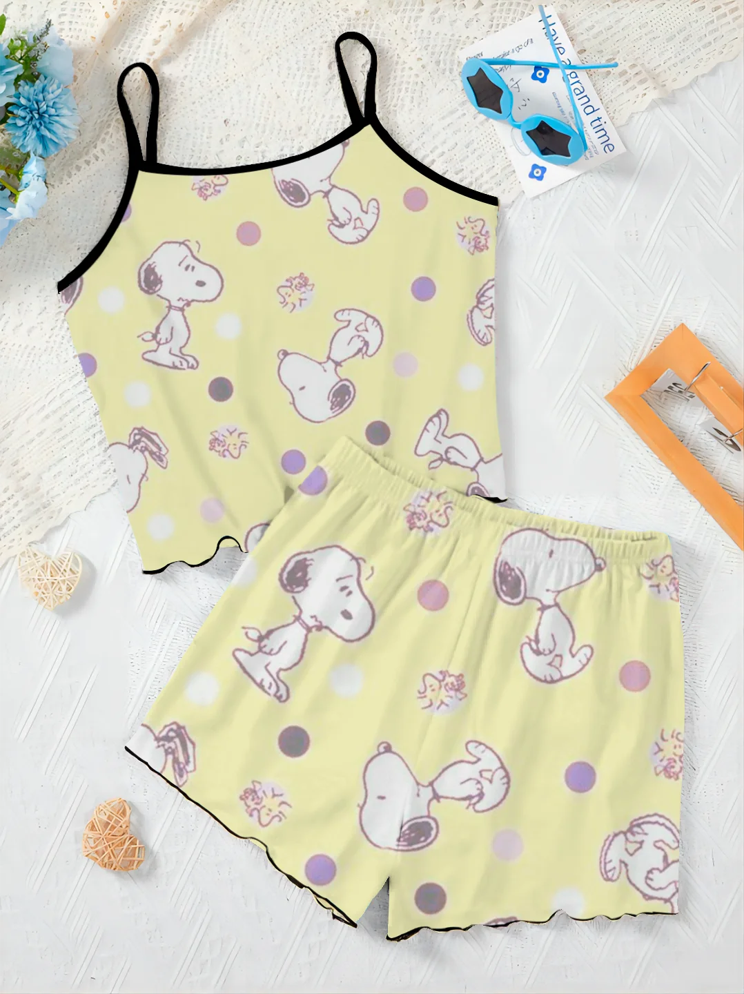 Elegant Women's Sets Top Home Dress Lettuce Trim Snoopy Disney T-shirt Two Piece Set Pieces Short Suit Bottom Disney Slip Dress