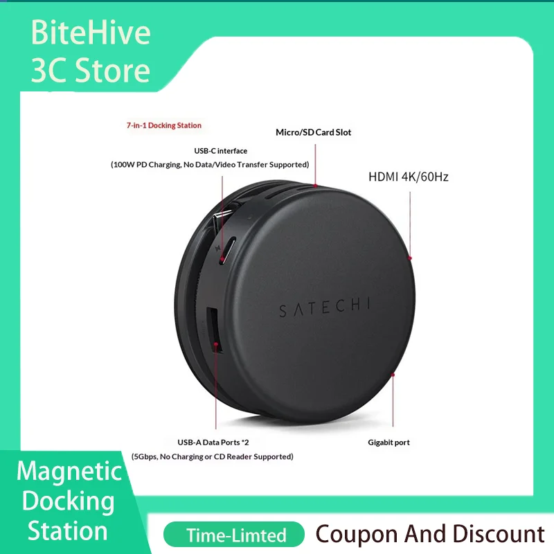 Satechi 7-in-1 MagSafe Magnetic Docking Station Hub Splitter Portable HDMI 4K/60Hz Type-C 100W PD Micro/SD for iPhone MacBook