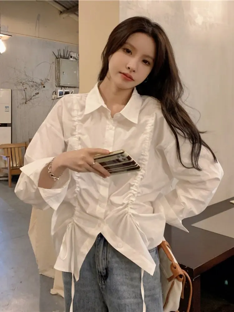 

Свободная белая рубашка с длинными рукавами и завязками, женская модная универсальная весенняя новинка, повседневный удобный топ в корейском стиле
