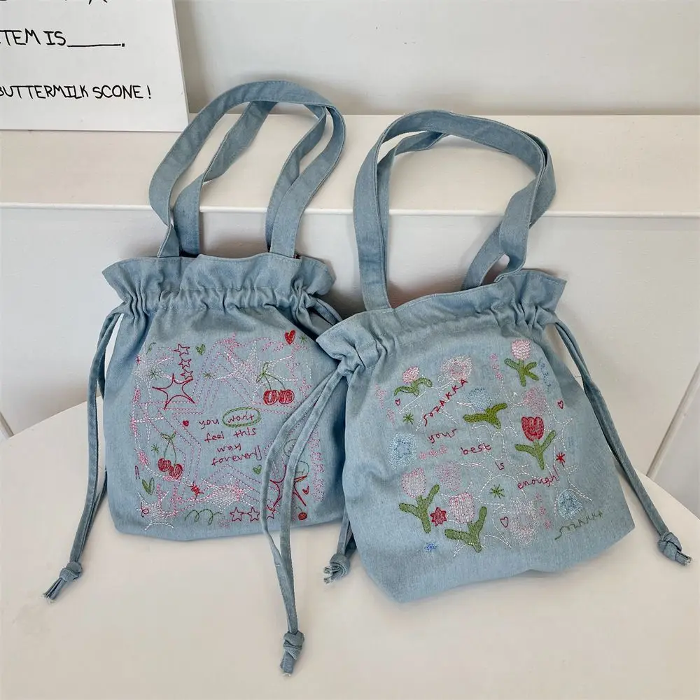 

Fashion Sweet Denim Drawstring Handbag Korean Style Cartoon Embroidery Bucket Bag Large Capacity Casual Cute Shoulder Bag Travel