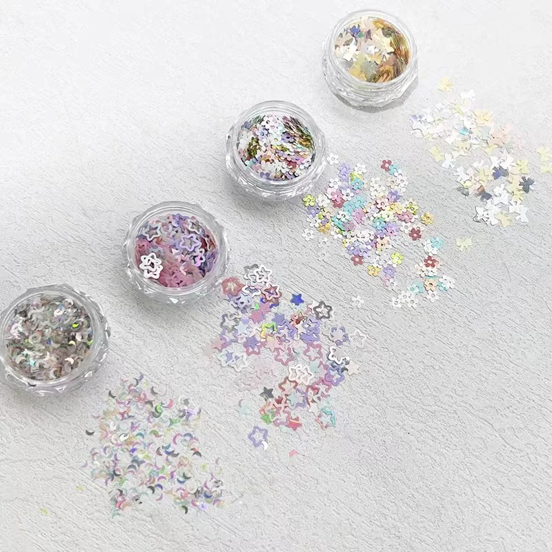 4 Pieces Fluorescent Mixed Shapes Nail Sequins Moon Star Flower Heart Nail Art Decorations Holographic Nail Iridescent Sequins