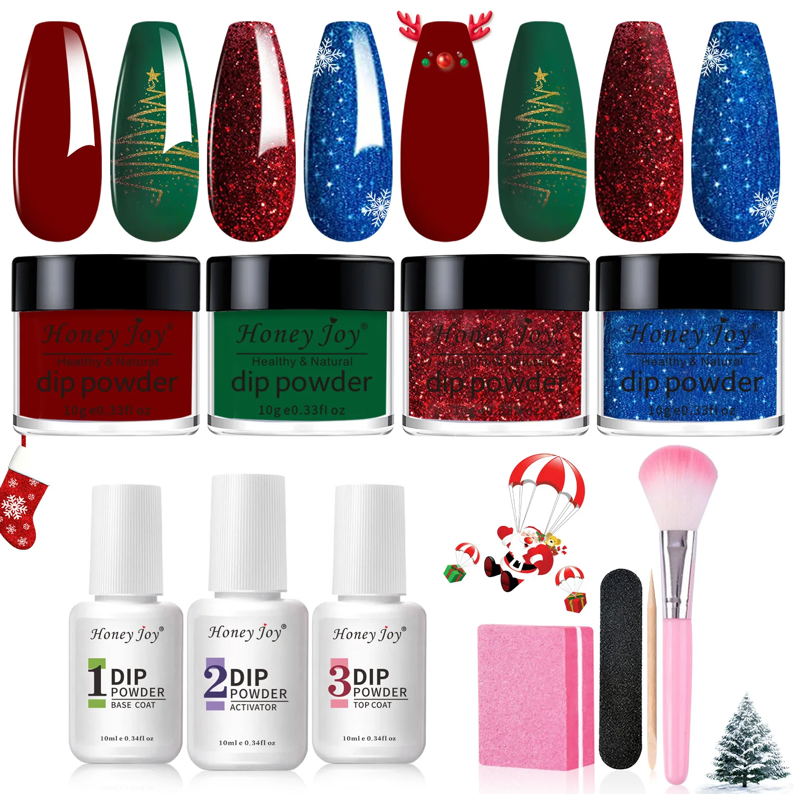 

Christmas Dip Powder Nail Kit 4 Colors Glitter Red Green Dipping Nail Powder System Set Natural Dry Nail Art Manicure Salon DIY