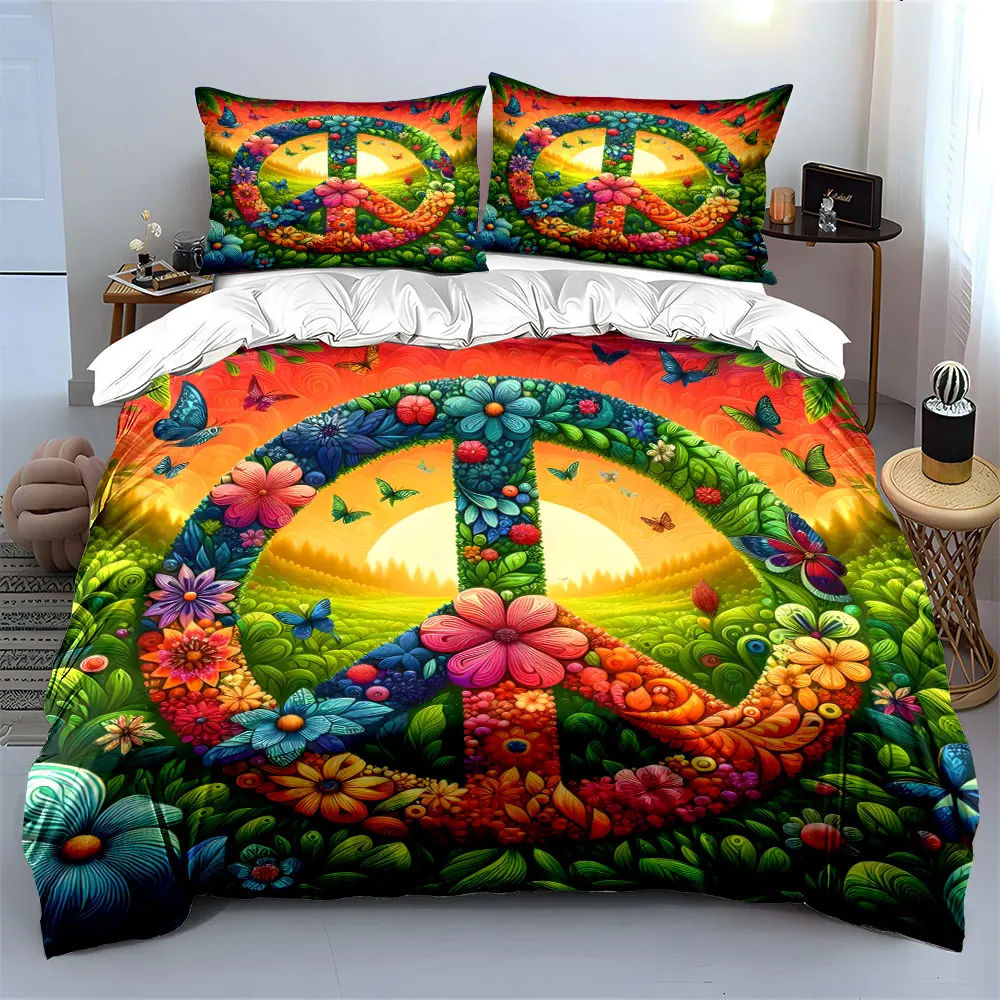 Floral Peace Symbol Decor Set Multiple sizes kid's and adults' bedroom Exquisite 3PC bedding set, gift