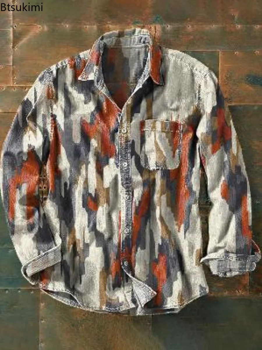 2025 New Men's Vintage Casual Shirts 3D Print Loose Casual Lapel Shirt Jackets Male Streetwear Spring Autumn Long Sleeve Shirts - Image 5