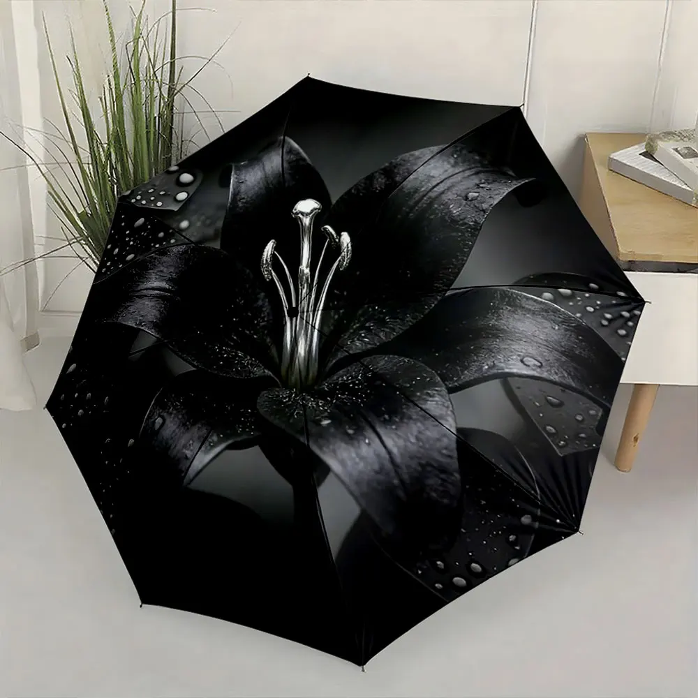 1PC Elegant Black Lily Design on Umbrella Print 8 Iron Ribs Folding Umbrella Auto-Open Fashion Sunshade