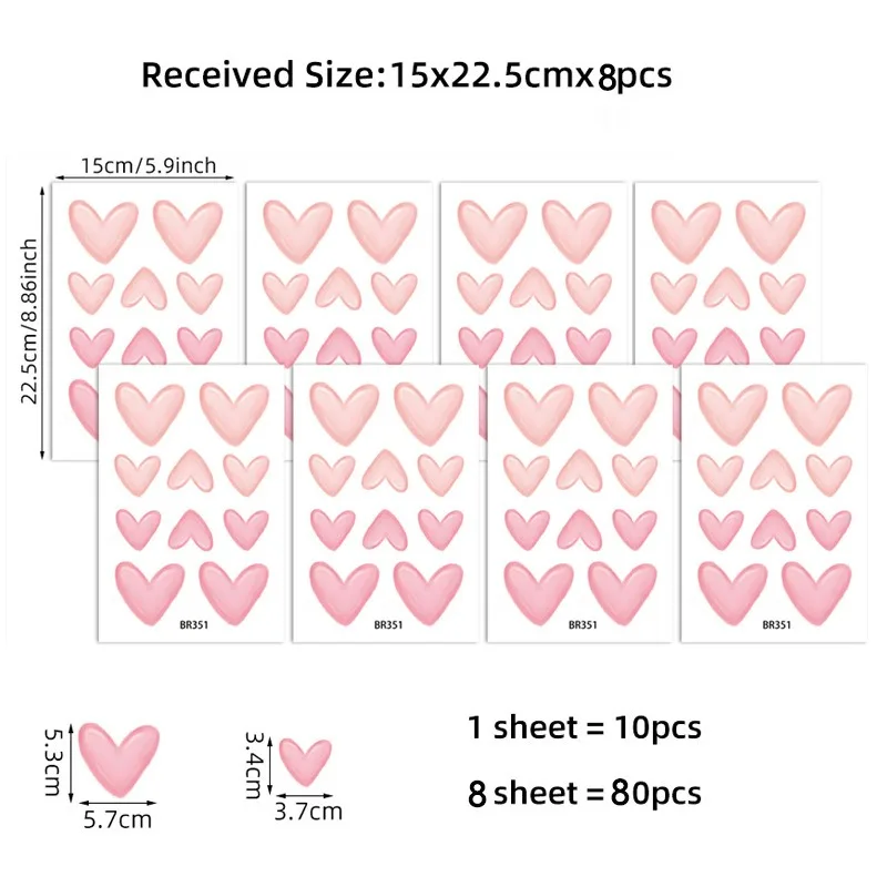 80Pcs Heart Shape Soft Pink Big Small Wall Stickers Waterproof Removable PVC for Home Decoration