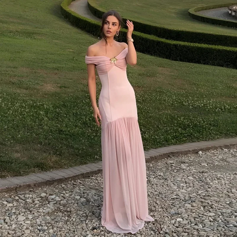 

summer wedding guest dresses women 2025 pink off the shoulder maxi dress bodycon party dresses