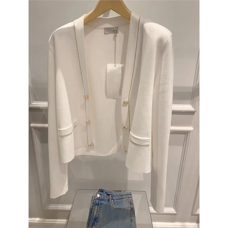 

Sli White Knitted Sweater Coat Women's Small Fraance Sle Faionable Outerwear Spring Autumn Seasonal Chinese Brand