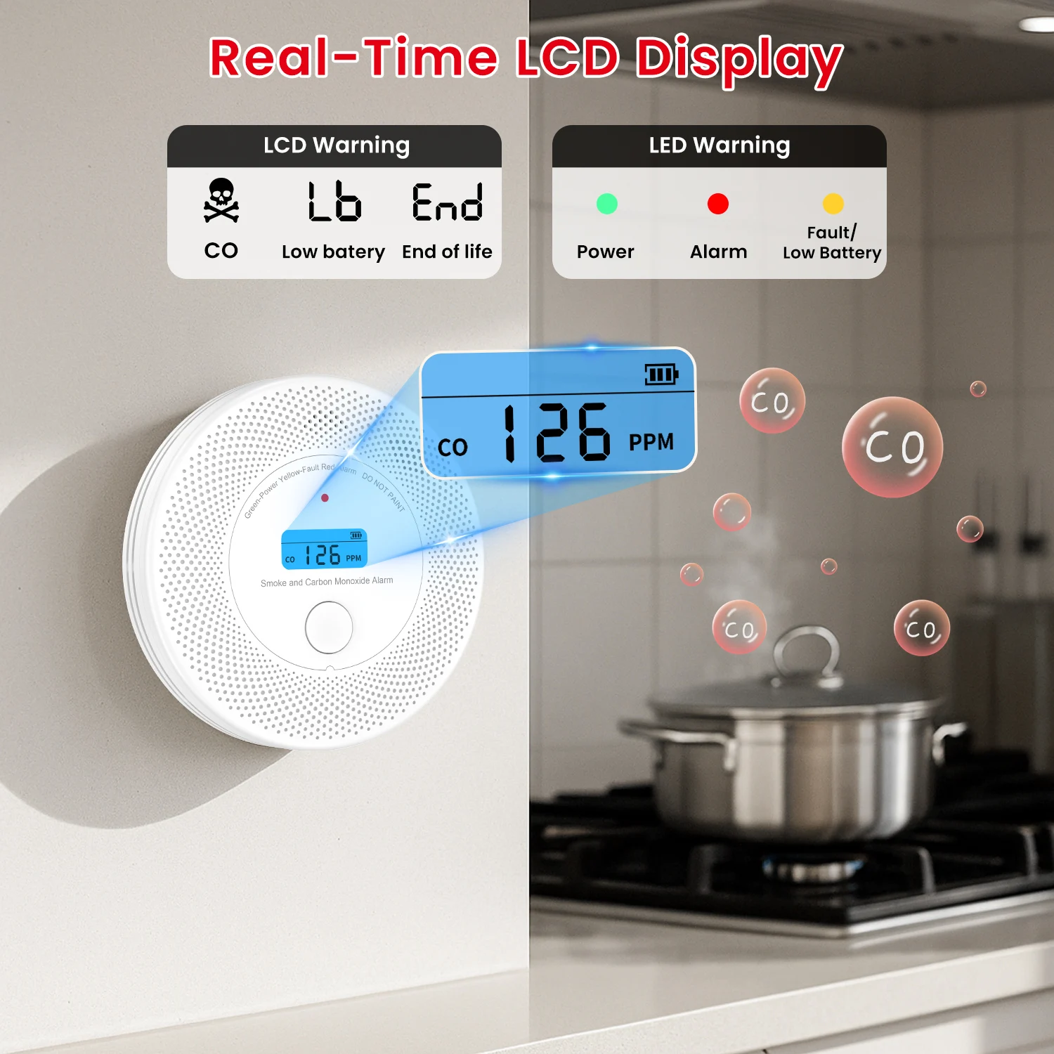 2-in-1 Smoke and Carbon Monoxide Detector Alarm with Voice Alert，10-Year Battery Fire & CO Alarm with Large LCD Display