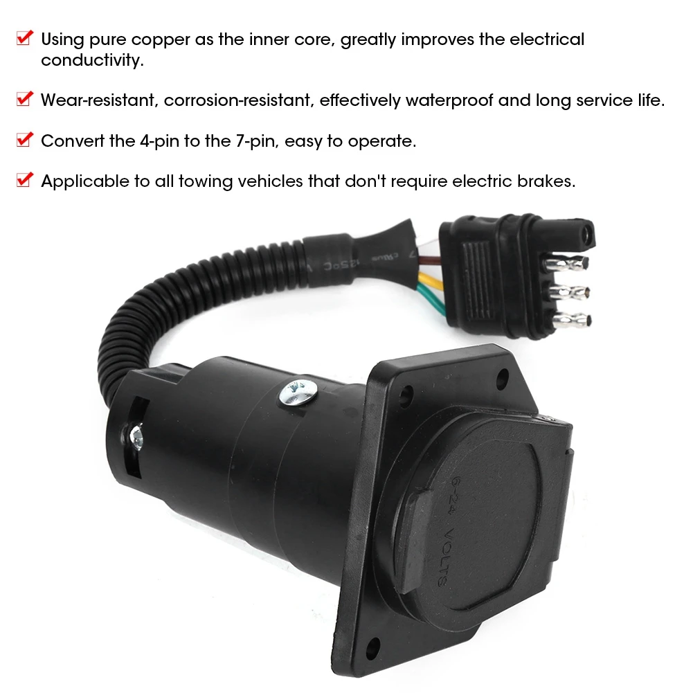 4Way-to-7Way Adapter Trailer Connector 4 Pin to 7 Pin Trailer Adapter Plug with Bracket Waterproof Connector US Type 6-24V
