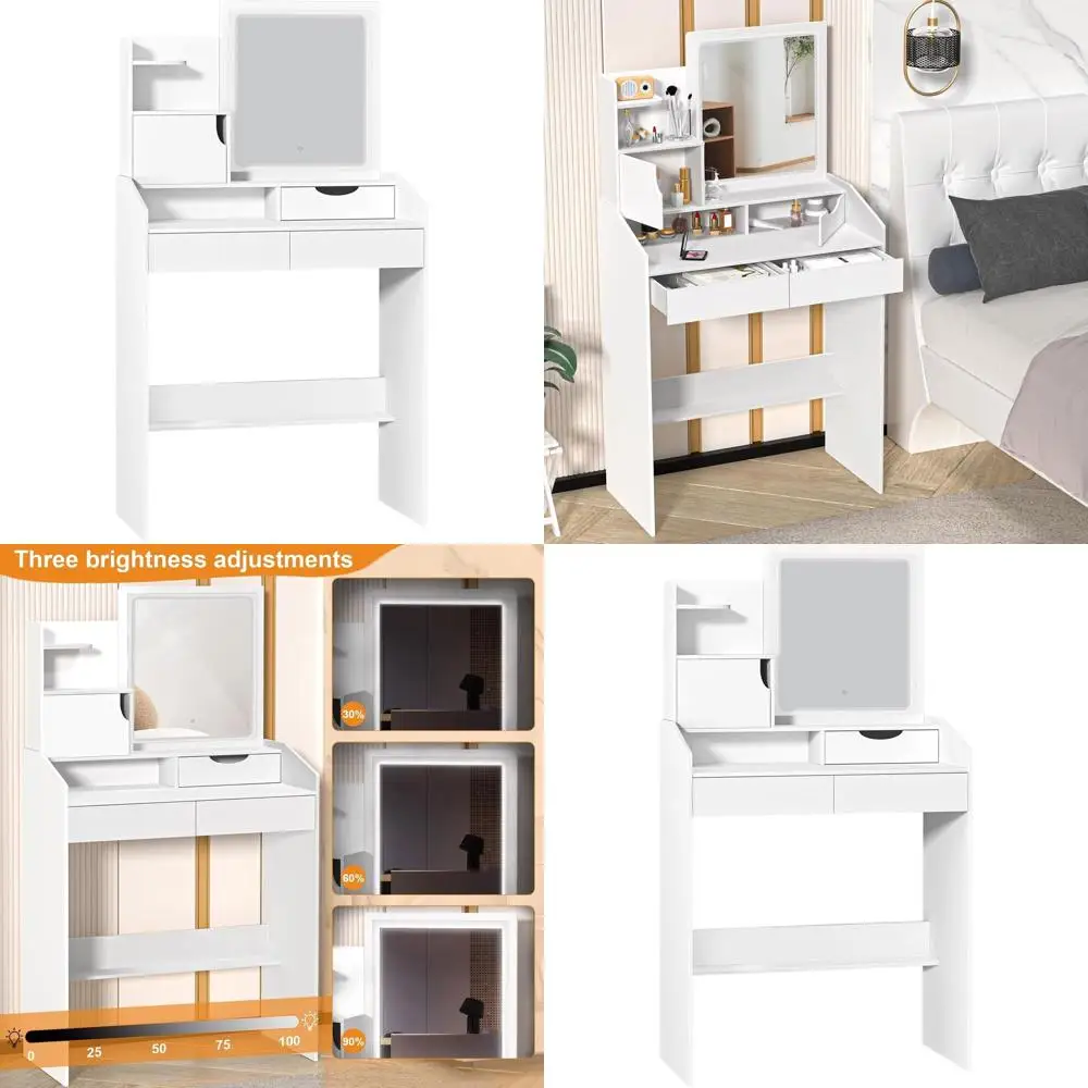 

Adjustable Brightness LED Vanity Desk with Mirror & 2 Drawers, White Makeup Table for Bedroom
