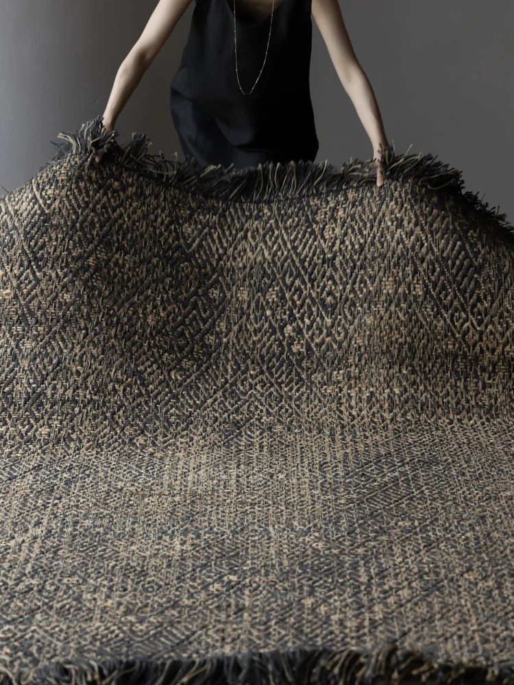 Hand Woven Black Tassel Carpet Double Sided Retro Morocco Rugs for Bedroom Solid Color Large Bed End Floor Mat Home Simple Decor