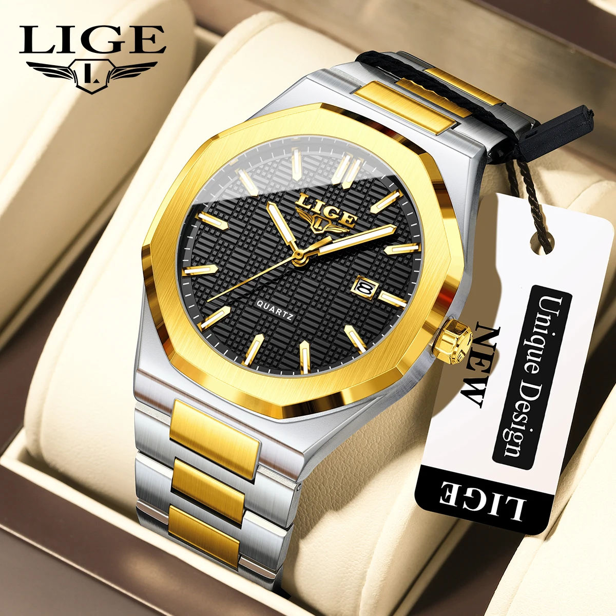 LIGE Men's Business Quartz Watch Minimalist Grid-Pattern Stainless Steel Strap Wristwatch with Calendar Function Reloj Hombre