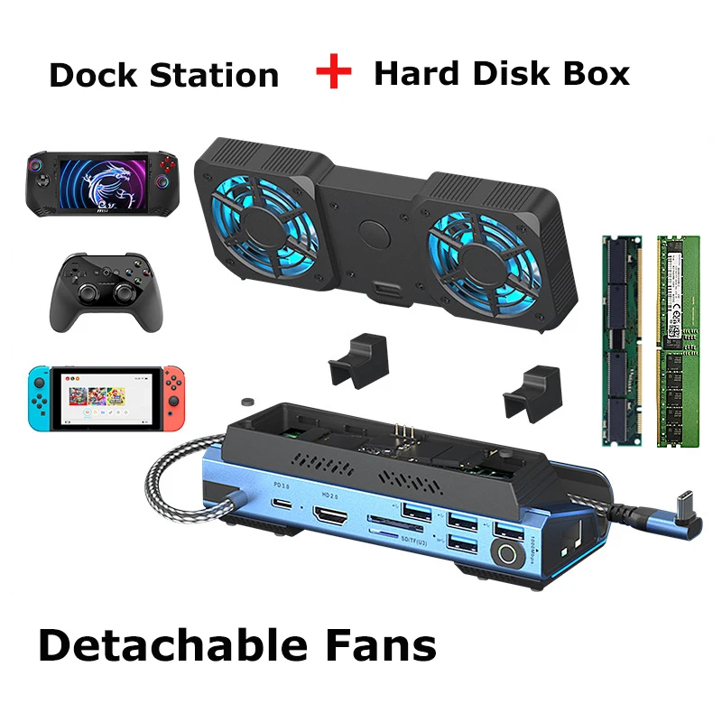 10-in-1 Type-c Game Docking Station for Steam Deck/ROG Ally/Switch M.2 PCie Nvme Hard Disk Box,USB C HUB 4K60HZ,Fan Cooling,