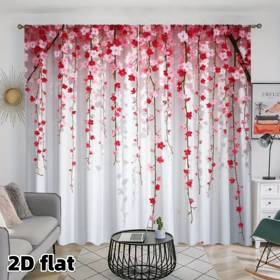 2PCS Digital Printed Curtains, Pink Sakura Waterfall Japanese Spring, Modern Home Decor Style for Living Room Bedroom Decor