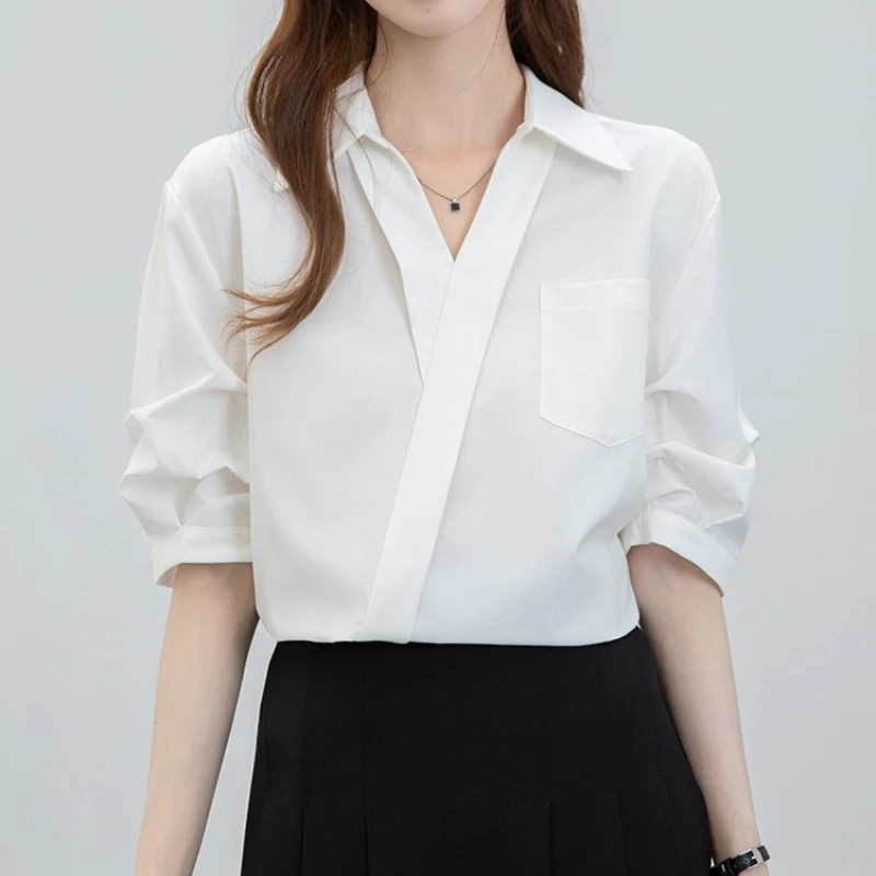 

Summer Front Cross V-neck Women's Blouses 2025 New One Pocket Half Sleeve Elegant Korean Office Lady Casual Loose Shirts Female
