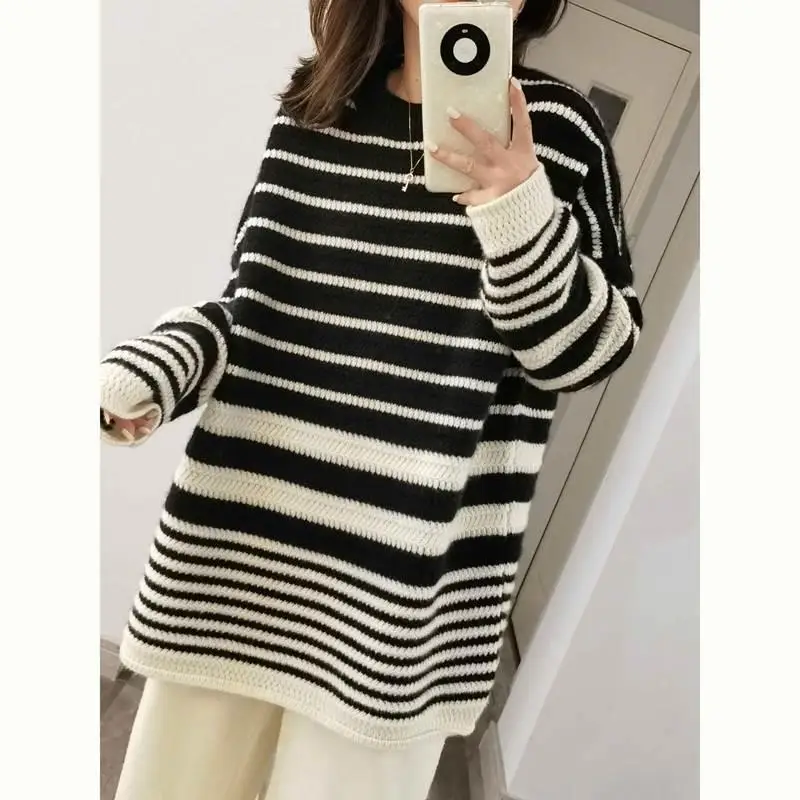 Women's sweater long autumn/winter 100% pure wool pullover casual striped knitted Tops loose round neck Blouse basic all-match