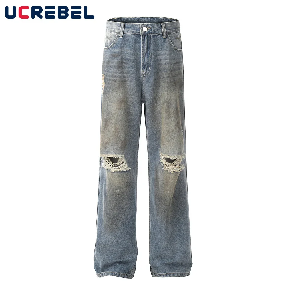 

Ripped Dirty Wash Jeans Mens High Street Loose Wide leg Beggar Denim Pants Men Trousers