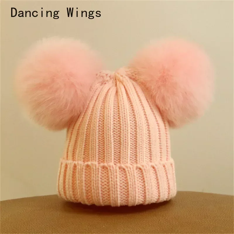 double pompom ball knitted caps for women real fox fur pom pom women's winter hat female headgear skullies beanies