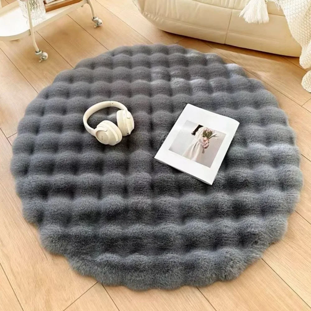 Soft 35/60/80cm Plush Round Carpet Non Slip Long Hair Bubble Rugs Bedroom Bedside Round Faux Rabbit Fur Mat Living Room