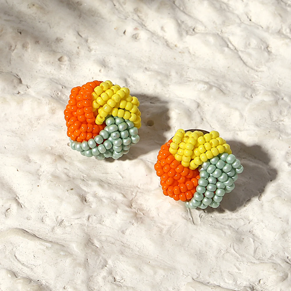 AENSOA Candy Color Seed Beaded Knot Stud Earrings for Women Girls Tricolor Handmade Braided Round Earrings Summer Beach Jewelry