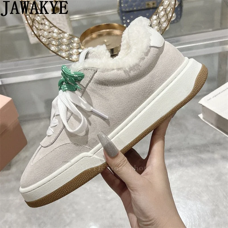 Real Suede Wool lining Lace Up Sneakers Flat Shoes Women Vacation Fashion Punk Shoes Winter Warm Trainers Causal Shoes Woman