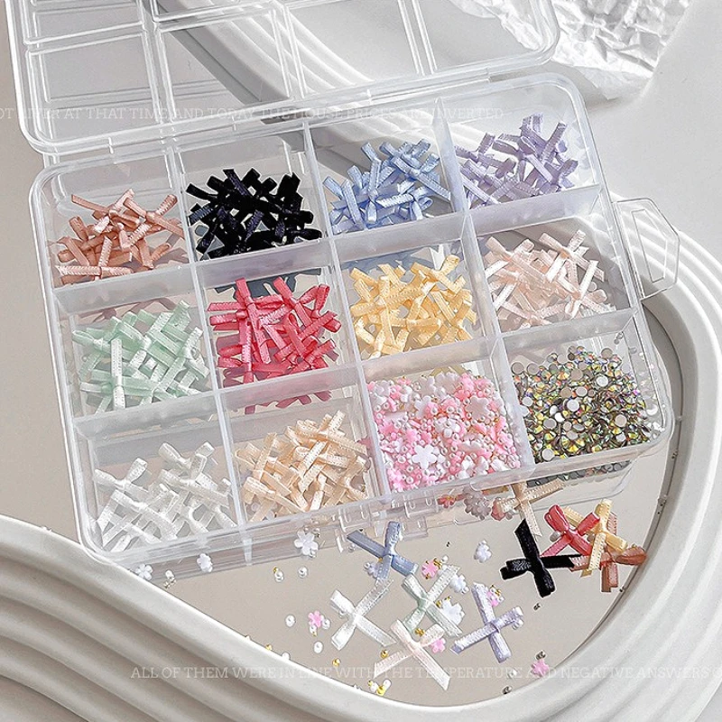 

1Box Colorful Fabric Ribbon Bowknot Resin Flowers Rhinestone Nail Art Decorations Lovely Colored Manicure Accessories Wholesale