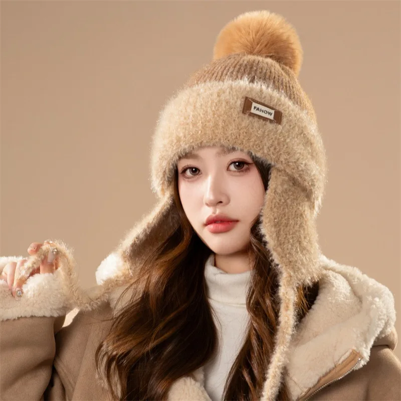 New winter women's hat. Thickened, warm. Pompom and ear protection. Korean style, versatile, small face showing. Knitted, casual