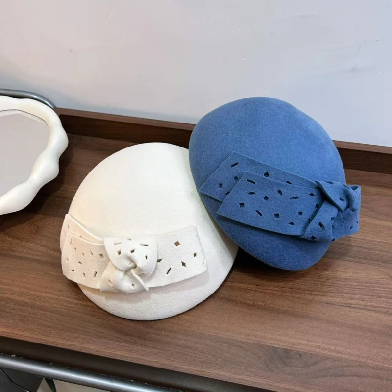 الشتاء موضة الصوف الفاسناتور قبعة قبعة للنساء Bowknot ورأى أبيض أسود فيدورا كوكتيل الكنيسة الزفاف قبعة مستديرة