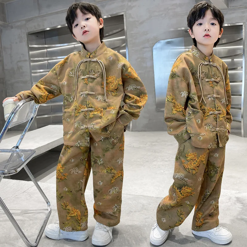 

Vintage Button Down Hanfu Set Chinese Style Tang Clothes Costume Boys Girls Kong Fu Suit 2Piece Outfit Casual Shirt&pants