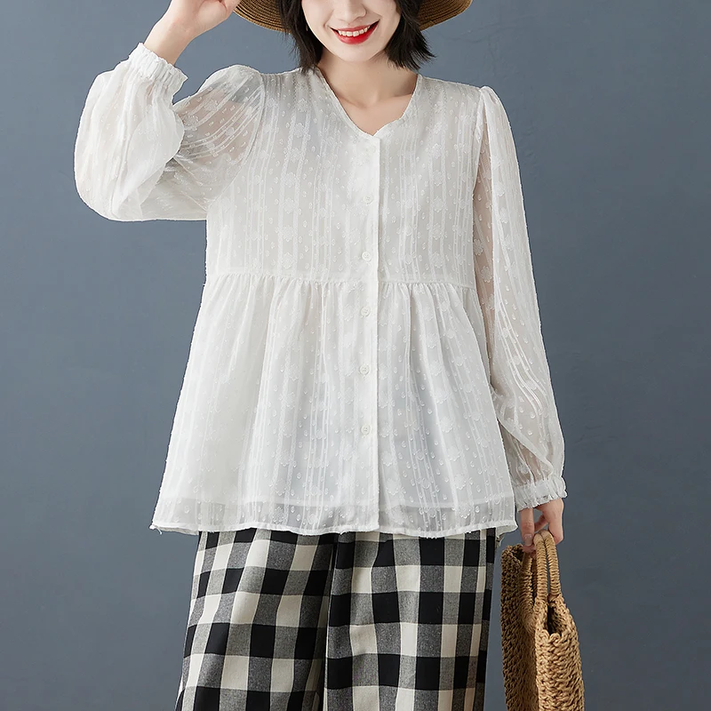 

Белая женская свободная модная комфортная блузка с V-образным вырезом и длинными рукавами, кружевная рубашка, универсальный женский топ, открытый кардиган для ранней весны