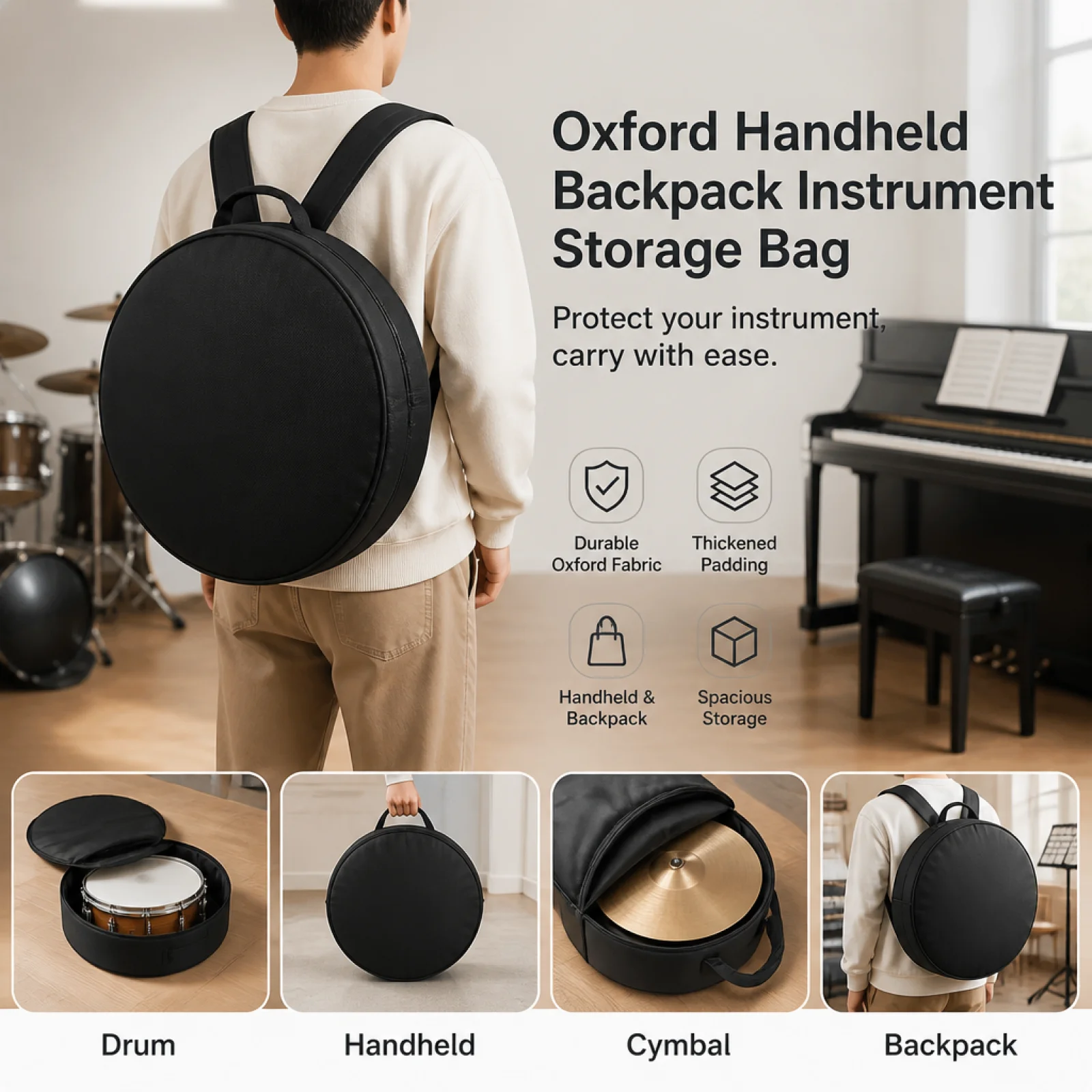 Drum Storage Bag 600D Material Padded Drum Bag Adjustable Straps Drumstick Holder Backpack for Drummers