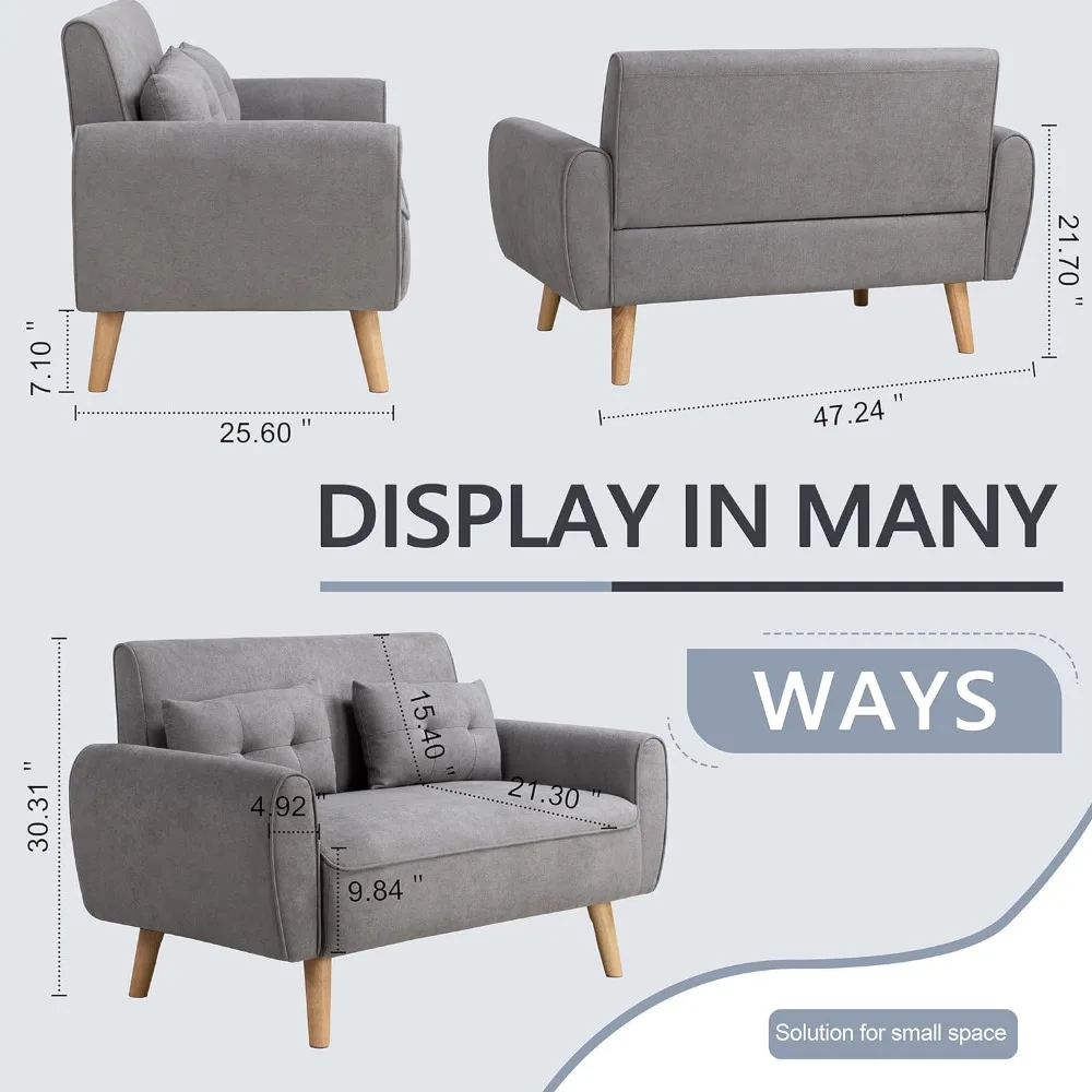 Loveseat-sofá pequeño y moderno, tapizado de tela de mediados de siglo, 2 asientos, color gris claro, montaje sin herramientas