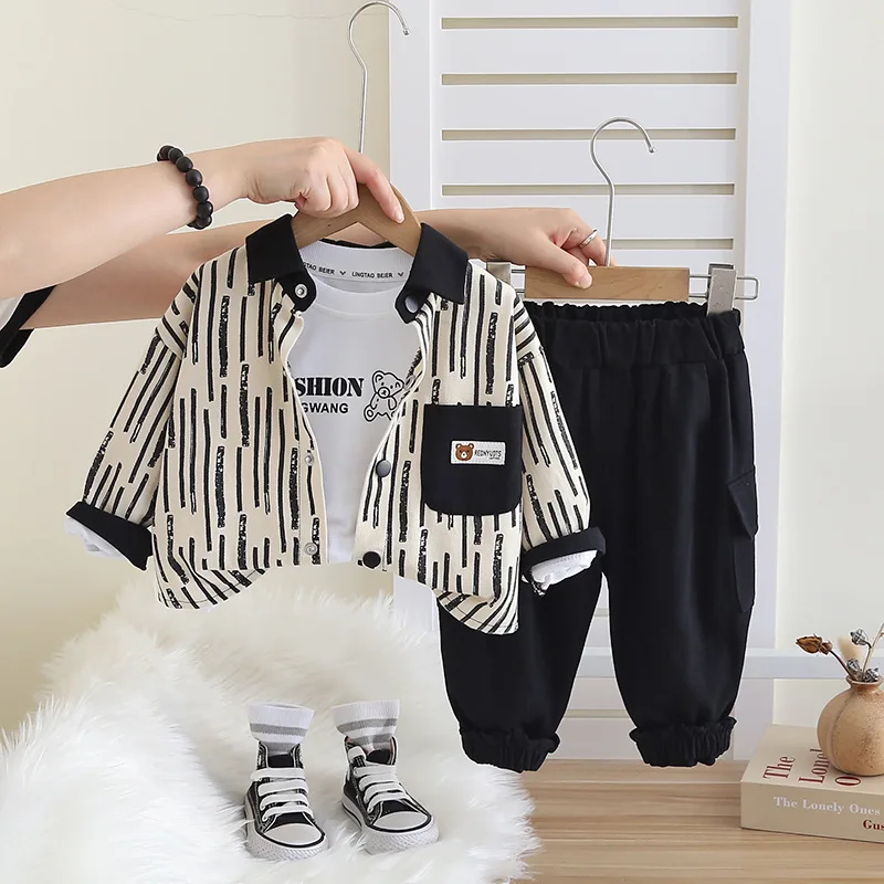 

2025 new Children's autumn clothing set, boys' spring/autumn style stylish shirt jacket+T-shirt + casual long pants, 3-piece set