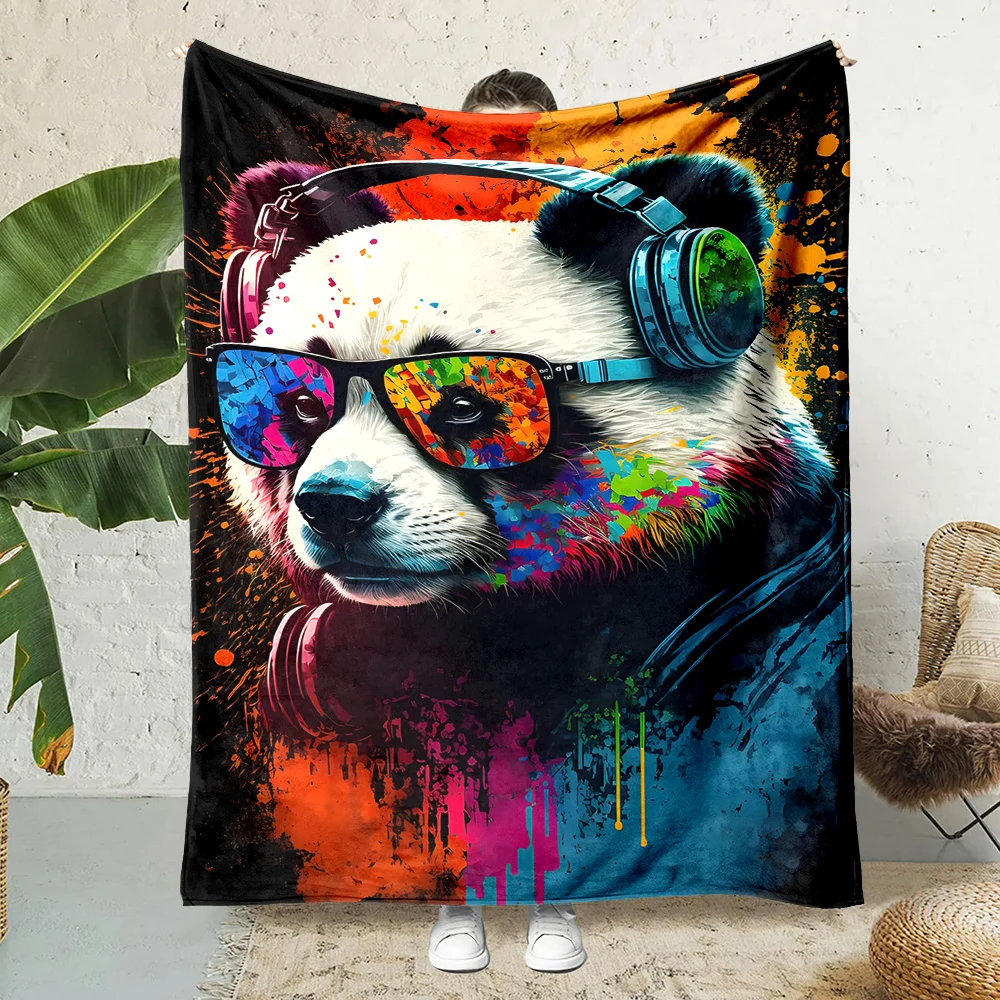 Colorful panda headphones sunglasses graffiti Print Blanket Warm Soft Fluffy Kids Adult Sofa Bed Throw Outdoor Travel Camping