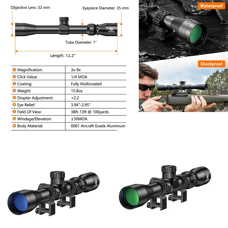 

MidTen 3-9x32 Rifle Scope with Locking Turret 1"Tube Optics Sight Crosshair Reticle Riflescope for 20mm Picatinny (Green/Blue）
