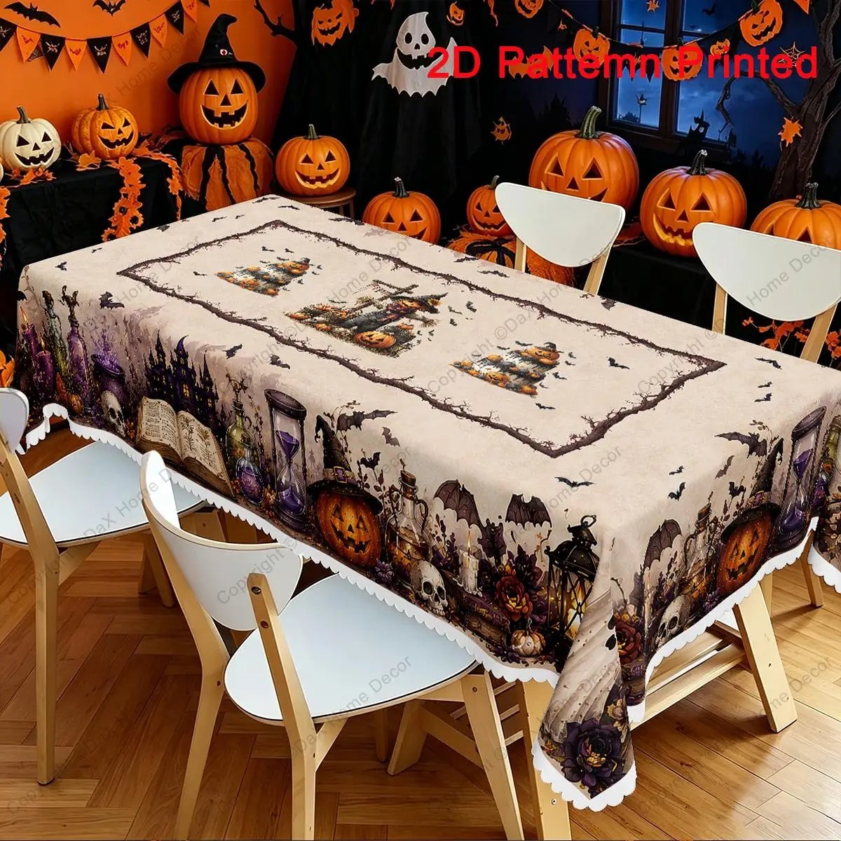 1 piece, Halloween-themed tablecloth, ancient incantation book hourglass pumpkin lantern skull candle pattern tableclothzyc