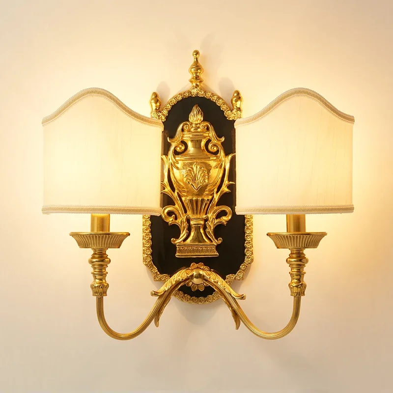 #French all-copper wall lamp European villa luxury retro living room study bedroom bedside lamp dewaxing copper lamp creative
