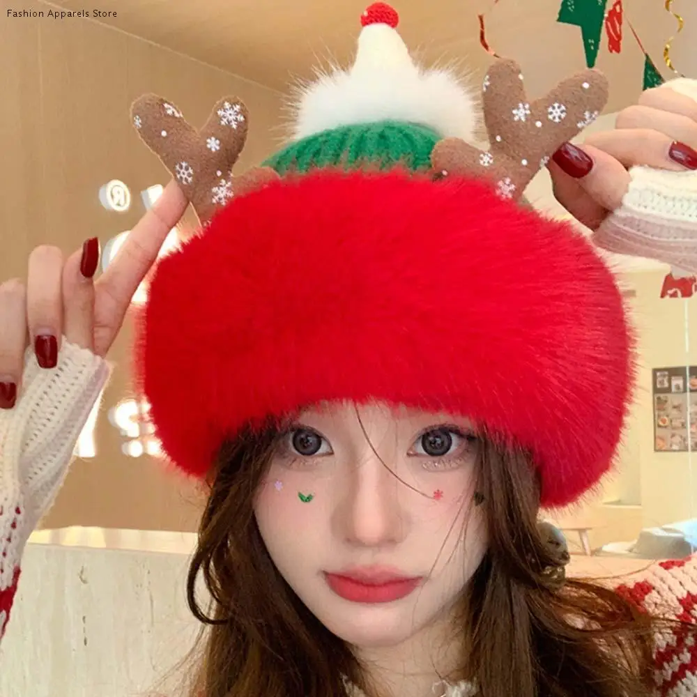 

Versatile Soft Christmas Plush Cap Antlers Windproof Big Pullover Hat Plush Snowflake Thickened Brimless Cap Keep Warm