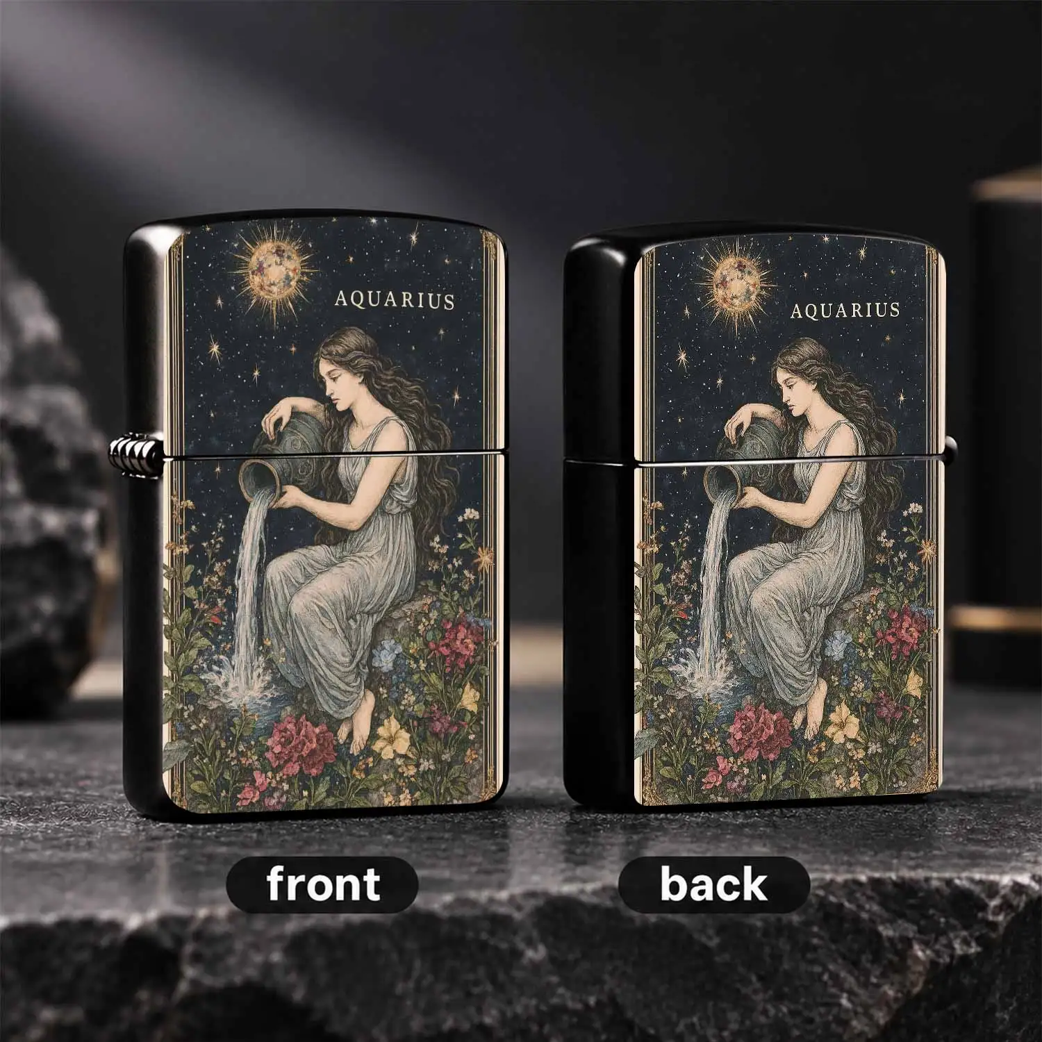 Vintage Astrology Aquarius Themed Portable Igniter, Exquisite Starry Night Flora Water Bearer Goddess Illustration Design, Versatile For All Daily Occasions, Chic Aesthetic Practical Present, Unique Vibe Personalized Trendy Delicate Carryar